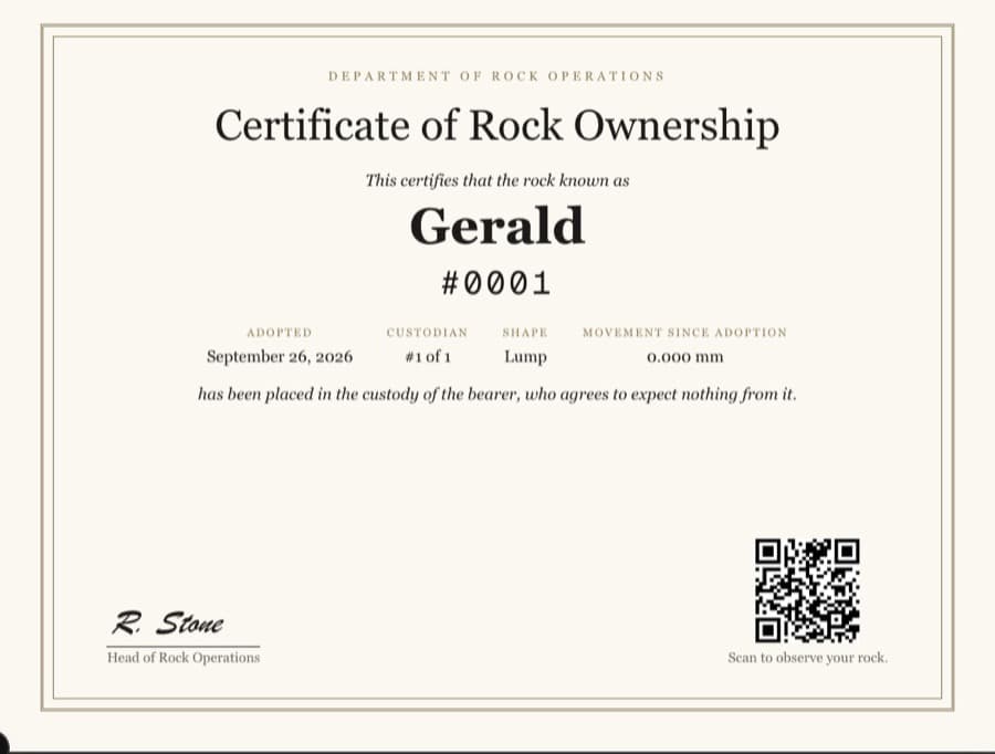 Certificate of Rock Ownership for Gerald, rock #0001